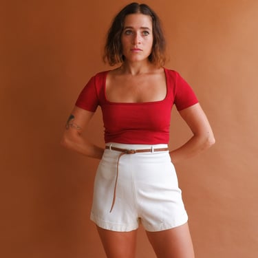 Vintage 50s White Shorts/ 1950s High Waisted Rayon Shorts with Pocket/ Size XS 25 