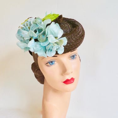 1940's Brown Woven Straw Tilt Hat Pastel Blue Velvet Flowers Leaves Berries Head Holder Rockabilly 40's Spring Millinery New York Creation 