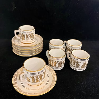24 K Hand Painted Set of 6 Espresso Cups & Saucers Greek Key Pattern