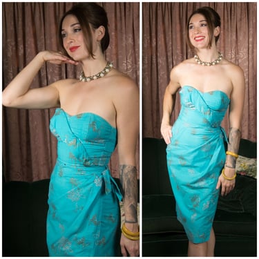 1950s Dress -Rare Alfred Shaheen 50 Hawaiian Sarong Dress in Vibrant Turquoise Blue Printed with Gold and Silver Cherry Blossoms 