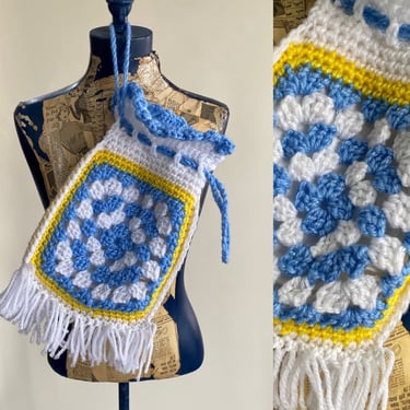 1960s 1970s Blue, White, and Yellow Granny Square Drawstring Bag. By Copperhive Vintage. 