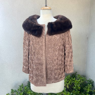 Vintage 60s evening jacket taupe rosette ribbon fabric with mink collar lined Sz M by George Brown Originals of California 