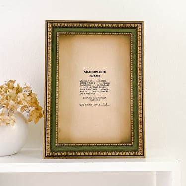 Vintage Wood Shadow Box Frame, Framed Keepsake Box, Green and Gold Wooden Frame, Collection and Memento Display Wall Decor 