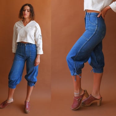 Vintage 70s Cropped Bloomer Style Denim/ 1970s High Waisted Jeans with a Cropped Balloon Fit/ Size XS 27 