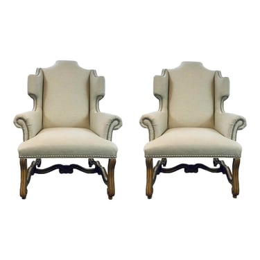 Caracole Transitional Beige Wing Chairs Pair