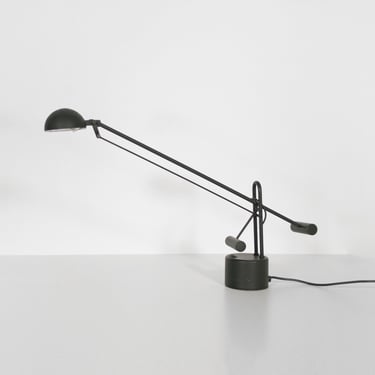 Vintage Stilplast Italian Postmodern Black Counter-Balanced Halogen Desk Lamp Retro Crane Architect Task Studio Work Minimalist Futuristic 