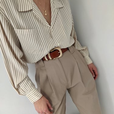 Vintage Taupe Striped Silk Blouse