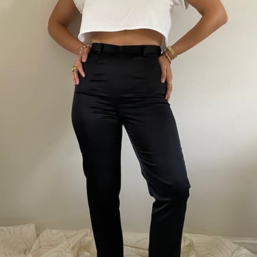 90s silk pants / vintage black silk satin flat front ultra high waisted cigarette elegant tuxedo pants | size 27 waist Medium 