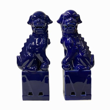Pair Chinese Navy Blue Color Glaze Ceramic Fengshui Foo Dog Figures ws2446E 