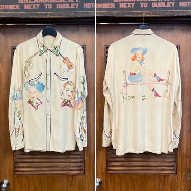 Vintage 1950’s “Nudie’s” Western Cowboy Artwork Gab Rockabilly Shirt, Super Rare Design, 50’s Vintage Clothing 