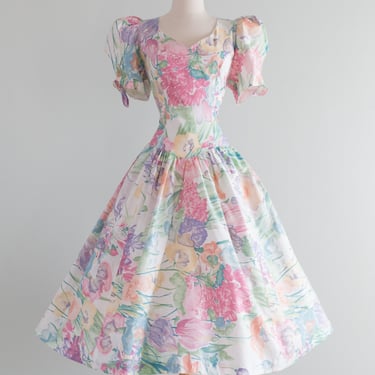 Beautiful 1980's Pastel Cotton Floral Dress With Open Back / Medium