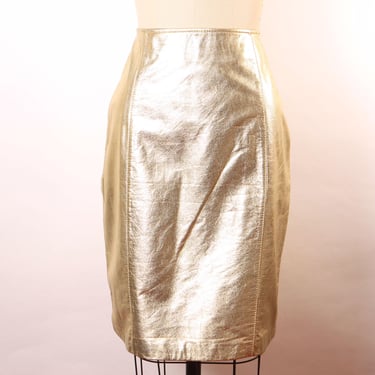 Deadstock 1980s Gold Metallic Leather Pencil Skirt -Size 14 