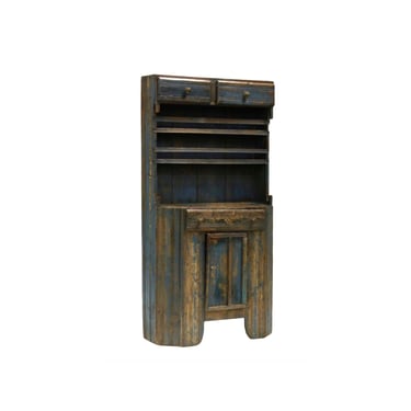 1900 Antique French Country Teal Painted Diminutive Step-Back Cupboard 