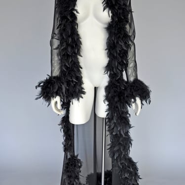 vintage 1980s black sheer feathered robe XS-M 