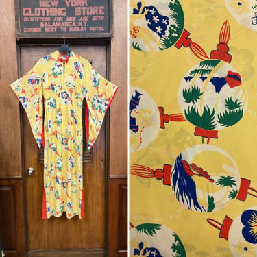 Vintage 1940’s Surfriders Atomic Lantern Tropical Silky Rayon Hawaiian Pake Muu Batwing Hawaiian Dress, Pake Muu, 1940’s Hawaiian Dress, 