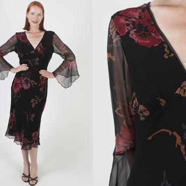 Black Silk Dress, Y2K ICE Brand, Vintage 90s Party Gown, Kimono Angel Sleeves, 200s Evening Slip 