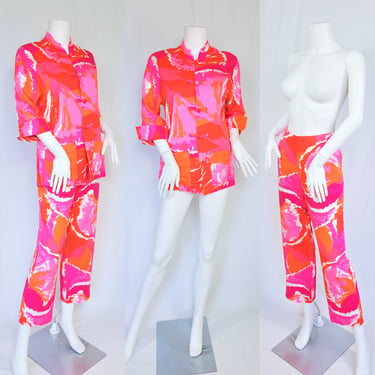 1960's Neon Pink Orange Psychedelic Print 2 Pc Hawaiian Pants Top Pantsuit Set I Sz Med I Casual Aire 