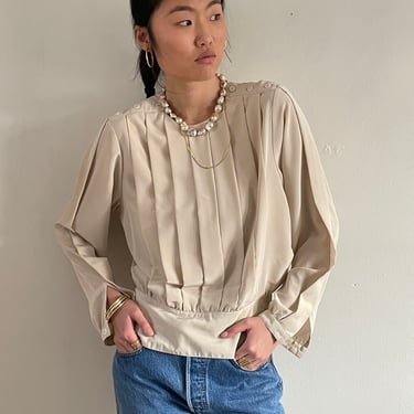 90s pleated blouse / vintage oatmeal pleated polyester crepe blouson cropped capsule wardrobe blouse | M 