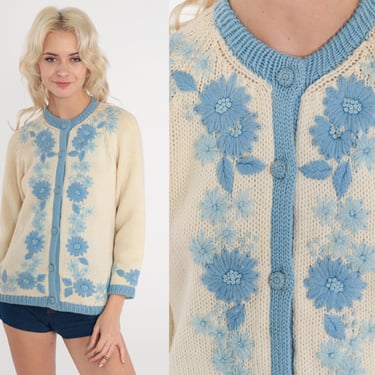 Floral Cardigan 60s Cream Wool Sweater Blue Embroidered Flower Button Up Grandma Sweater Retro Girly Preppy Knitwear Vintage 1960s Small S 