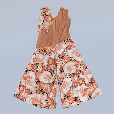1930s Beach Pajamas / 30s Cotton Jumpsuit / Color Block Floral / Scalloped Design / Palazzo 