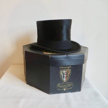 1950's Black Beaver Skin Top Hat with Box Formal Men's Millinery Art Deco MCM Dobbs from Cavanagh Hats Park Avenue New York Size 7 1/8 