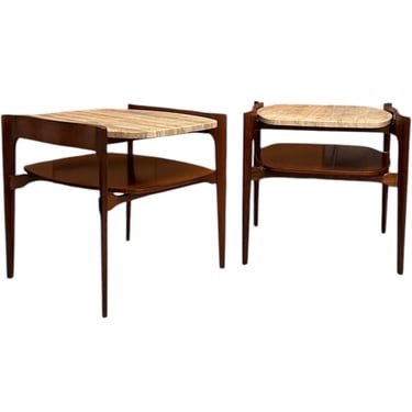 Free Shipping within Continental US - Vintage Mid-Century Solid Walnut and Travertine End Table Set or Cocktail/ Coffee Table Set 