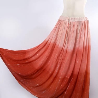 Gauze Metallic Lurex Thread Peach Ombre' Hippie Boho Long Skirt in XL, Large Size Vintage 1970's, 1980's 