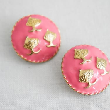Vintage Pink Enamel Fish Clip Earrings 