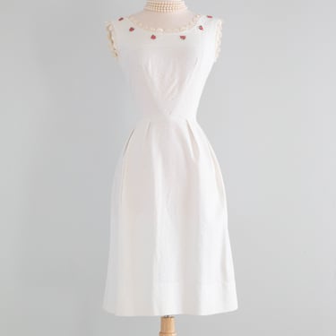 Adorable 1960's White Cotton Special Occasion Dress / Medium