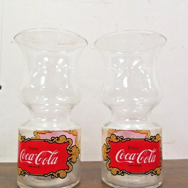 2 Vintage Coke Coca Cola Hurricane Glass Floating Candle Holders 1970's 