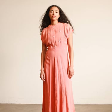 1940s Coral Dolman Sleeve Applique Dress 