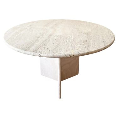 Postmodern 1970s Cream Off White Round Travertine Dining Table, Pedestal Base 