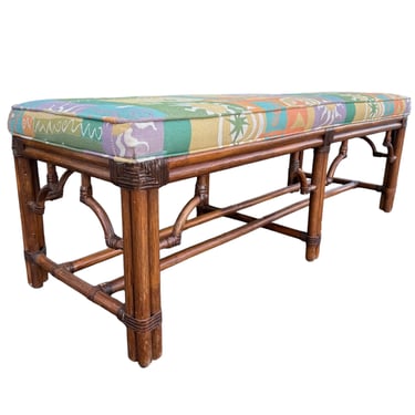 Rattan Wood Bench 55x19x19 with Fabric Upholstered Seat, Bamboo & Fretwork - Long Hollywood Regency Coastal Chinoiserie Chinese Chippendale 