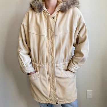 Vintage Womens 80s Cream Soft Leather Coyote Fur Hood Oversized Jacket Coat Sz L 