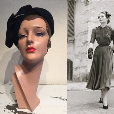 Carefree Walking For Lee - Vintage 1940s Ink Black Fur Felt Sculpted Caplet Side Construction w/Detail 