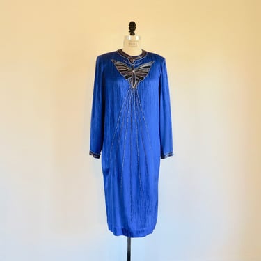 1980's Cobalt Blue Silk Midi Tunic Dress Butterfly Beading Trim Long Sleeve 80's Evening Formal Party Size Medium 