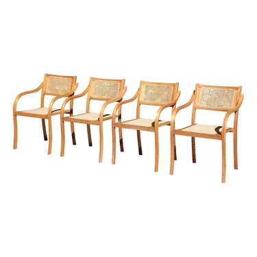 Vintage Mid Century Set of 4 Bentwood Caned Arm Dining Chairs Stackable