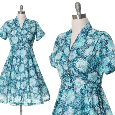 Vintage 1950s Shirt Dress | 50s Floral Print Sheer Blue Rhinestone Buttons Fit and Flare Belted Swing Shirtwaist Day Dress (large) 