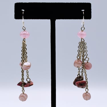 80's sterling rose quartz rhodonite boho shoulder dusters, 925 silver rolo chain dangle earrings 