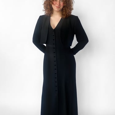 1990s Black Wool Button-Down Dress & Jacket Set, sz. S/M