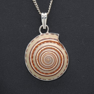 70's sterling Sundial snail shell hippie mermaid pendant, long 925 silver curb chain big seashell boho surfer necklace 