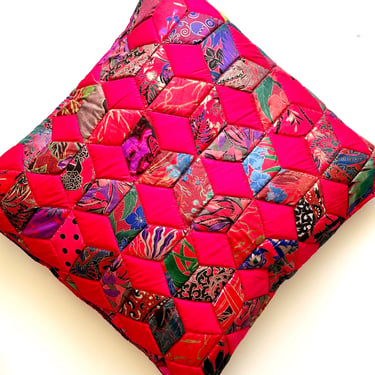 Vintage Patchwork Quilt Silk Pillowcase Pink Red Bright Decor Pillow 