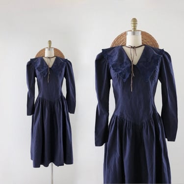 Jessica McClintock gunne sax dress - m - vintage womens 80s 90s navy blue cotton prairie size medium midi dress 
