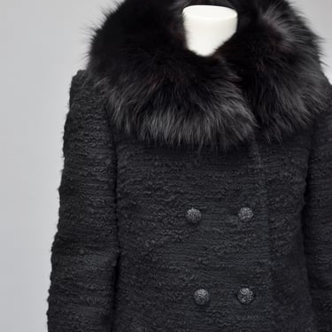 vintage 1960s black boucle jacket with fox fur collar XS-M 