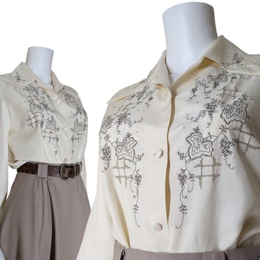 Vintage Embroidered Silk Blouse, Medium / 1940s Style Beige Cocktail Blouse / Ecru Button Blouse with Ivy Floral Embroidery 
