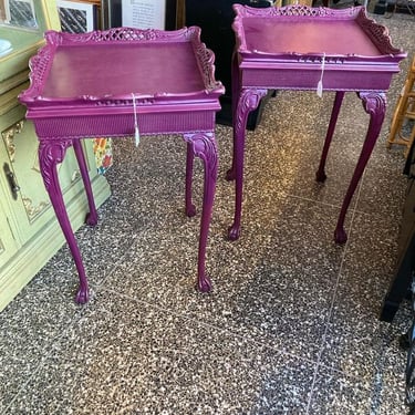 Painted purple side tables. 19.5” x 19.5” x 29”