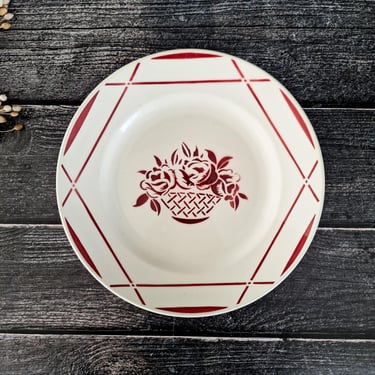 Large French Antique BADONVILLER Ironstone Red Transferware Round Serving Platter Vintage, Serving Bowl Ceramic, Ironstone Round Dish, 