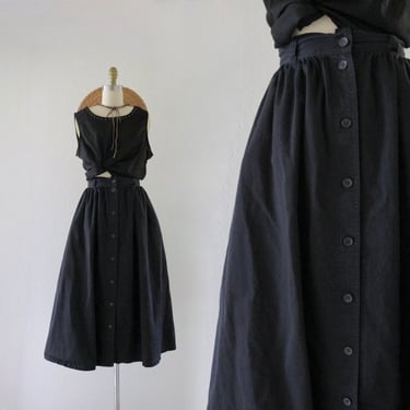 full black cotton button skirt - l 
