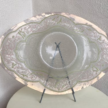Vintage Dorothy Thorpe modern Atomic XL glass platter with bowl divided in center pink gold green frosted geometric pattern size 20”x15”x2” 