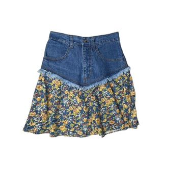 Vintage 80's Switch USA Denim and Yellow and Blue Floral Flower Mini Skirt, Size 7 